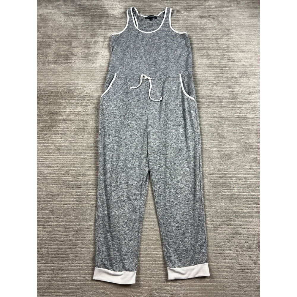 MEROKEETY Jumpsuit Women Small Gray White Sleeveless Heathered Drawstring Casual